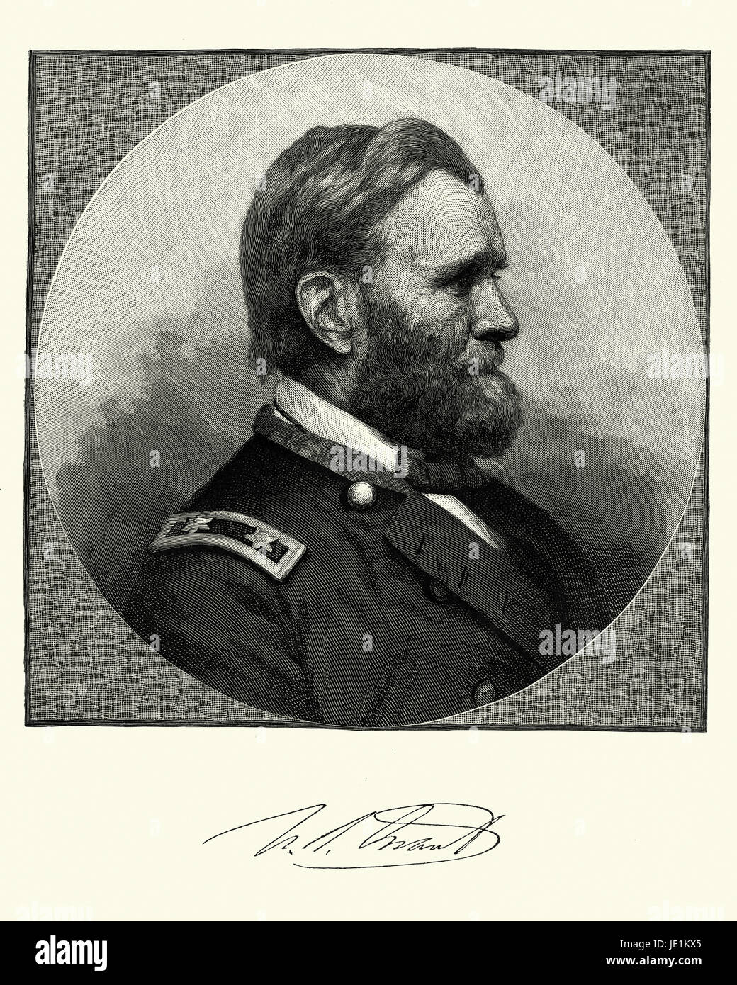 Vintage engraving of Ulysses S. Grant the 18th President of the United States (1869–77). As Commanding General (1864–69), Grant worked closely with President Abraham Lincoln to lead the Union Army to victory over the Confederacy in the American Civil War. Stock Photo
