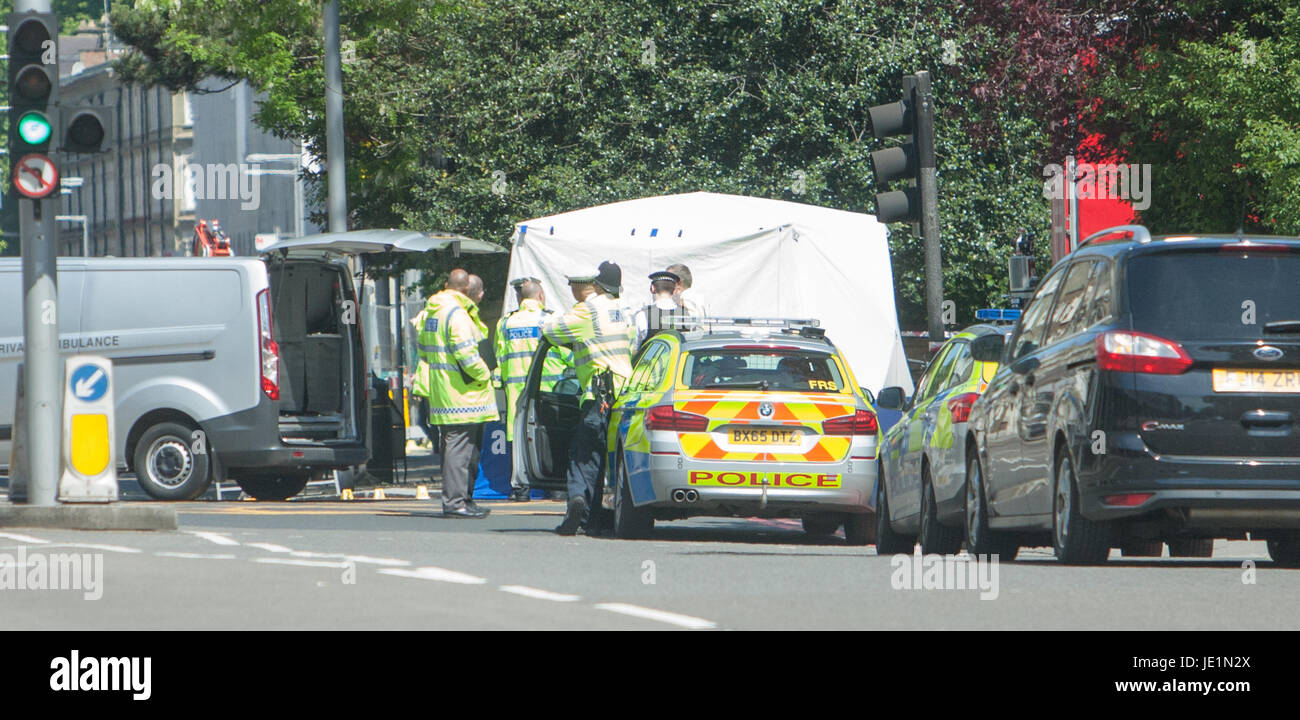 Scene of fatal collision involving cyclist on Fulham Road London Featuring Atmosphere, View