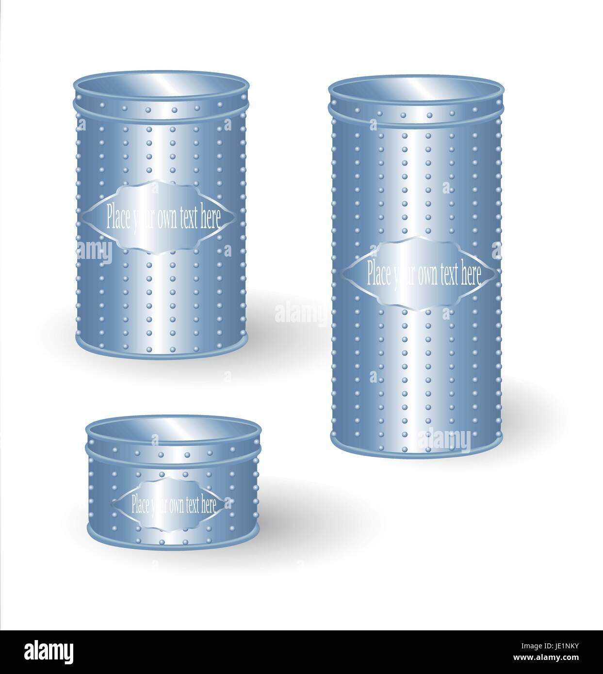 VECTOR PACKAGING: Set of Aluminum tin box cans round containers with relief isolated white background. Mock-up template for design Stock Vector