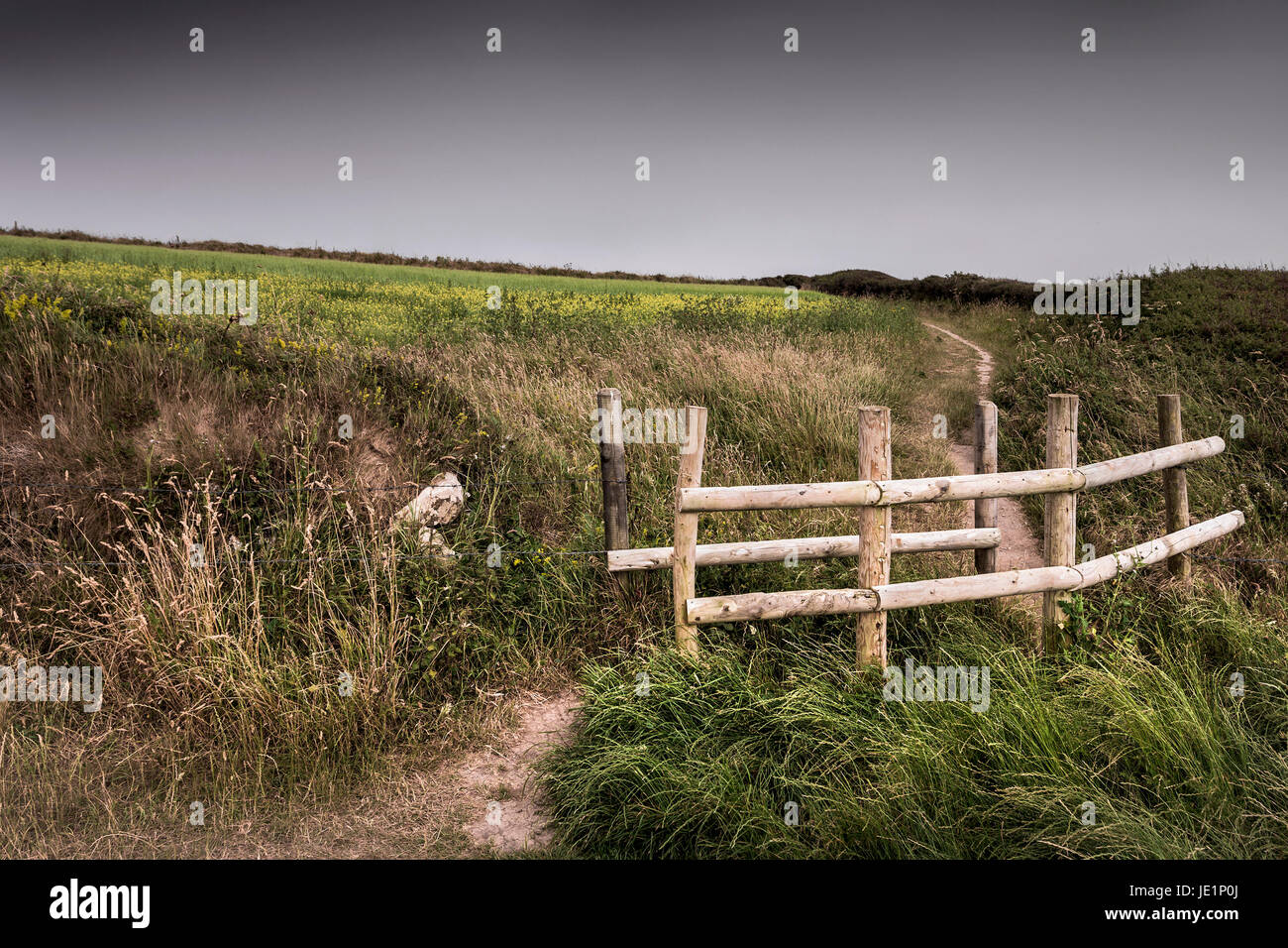 A rustic wooden fence on a footpath on West Pentire in Newquay, Cornwall. Stock Photo