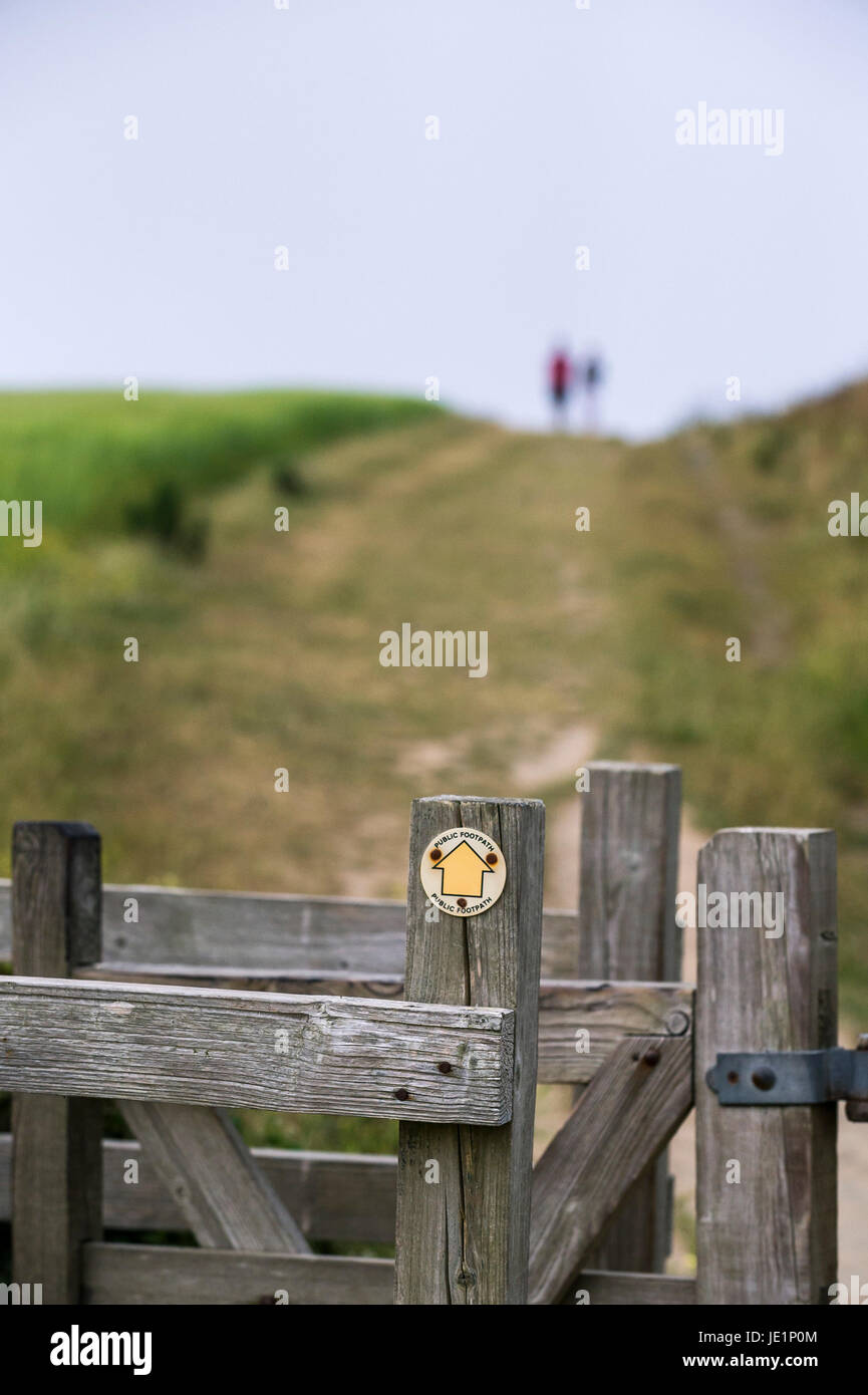 A wooden gate on public footpath on West Pentire in Newquay, Cornwall. Stock Photo