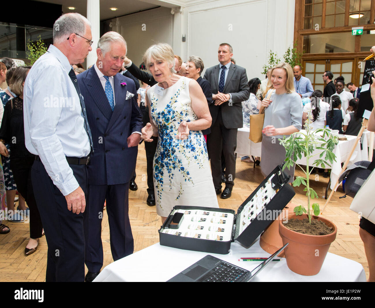 London, UK. 22 June 2017. The Prince of Wales meets members of the assocation at the Innovative Farmers stand and watches demonstrations. Prince Charles, The Prince of Wales, Patron of The Soil Association, attends a reception with supporters of the organic food movement to mark its 70th Anniversary. The Soil Association promotes healthy, humane and sustainable food, farming and land use. Stock Photo