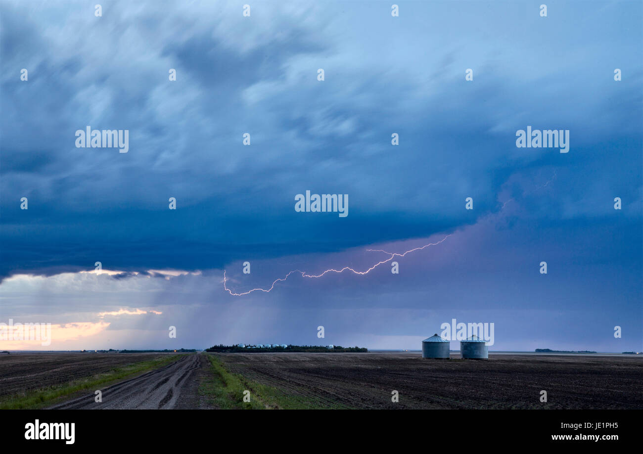Storm Lightning Rural Canada country Road Saskatchewan Stock Photo