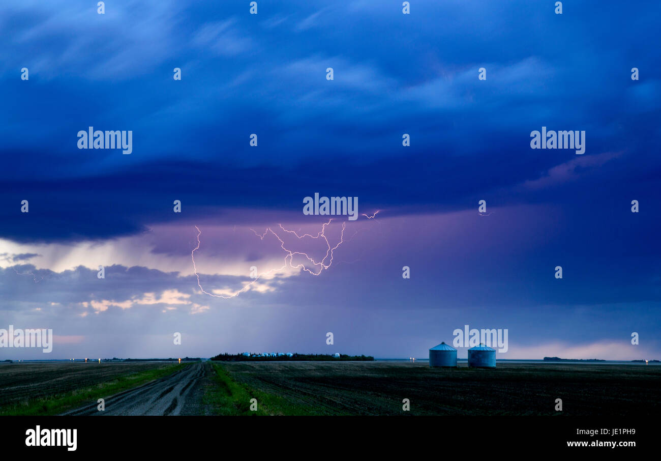 Storm Lightning Rural Canada country Road Saskatchewan Stock Photo