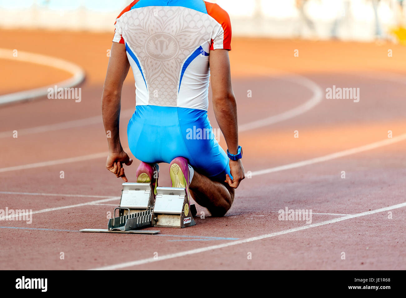 russian national team male runner at start for sprint race during UrFO Championship in athletics Stock Photo