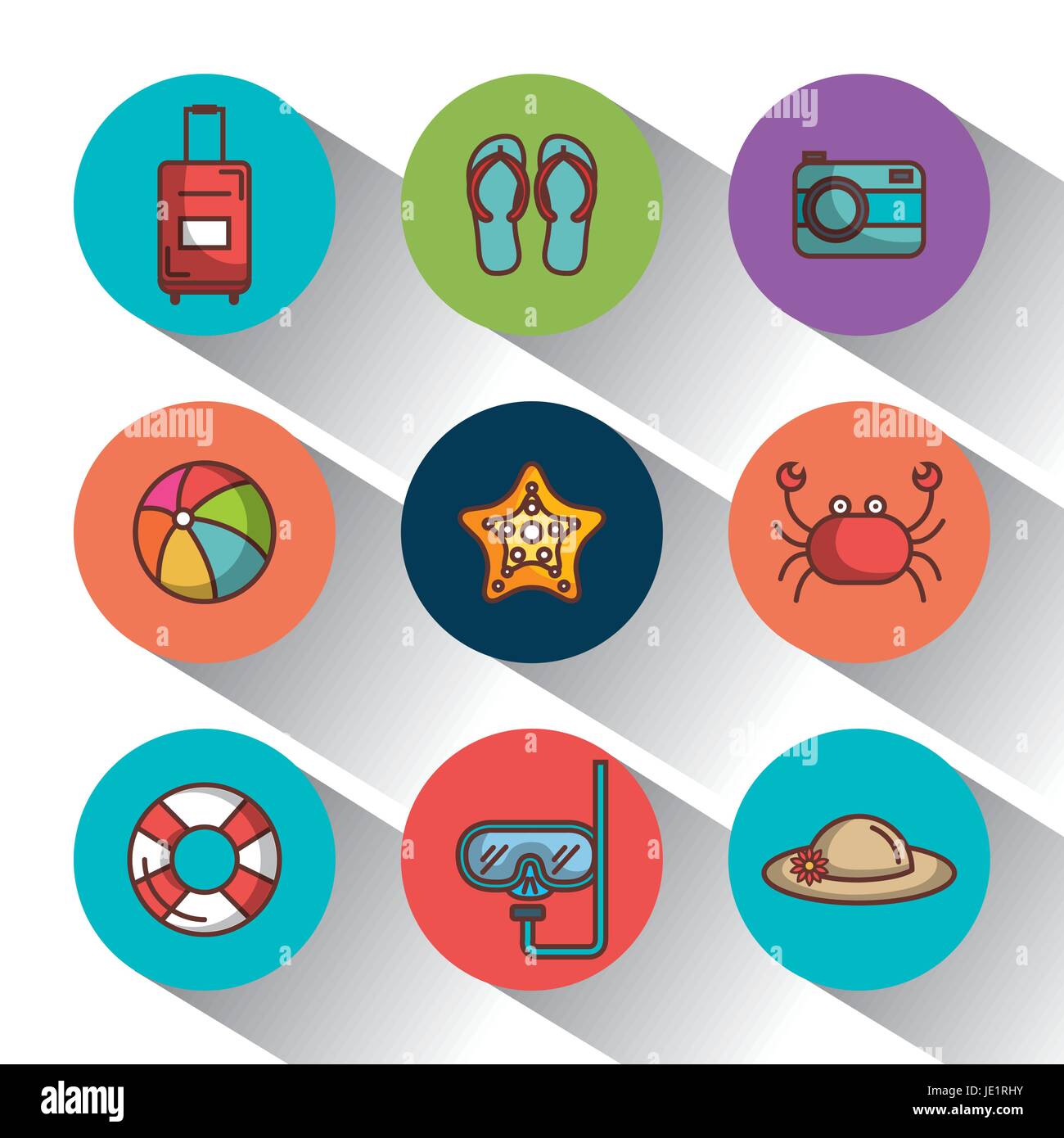 Colorful summer vacation icons set over white background vector ...