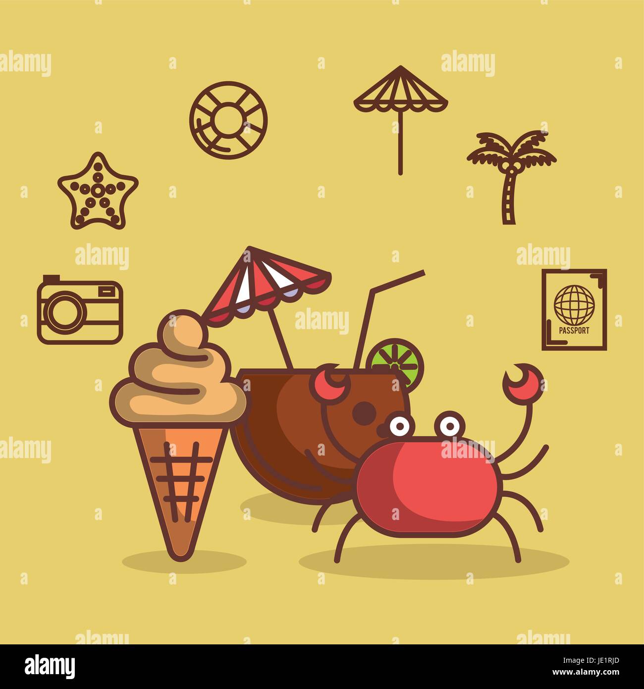 Coconut cocktail crab and ice cream cone with summer vacation related objects over yellow background vector illustration Stock Vector