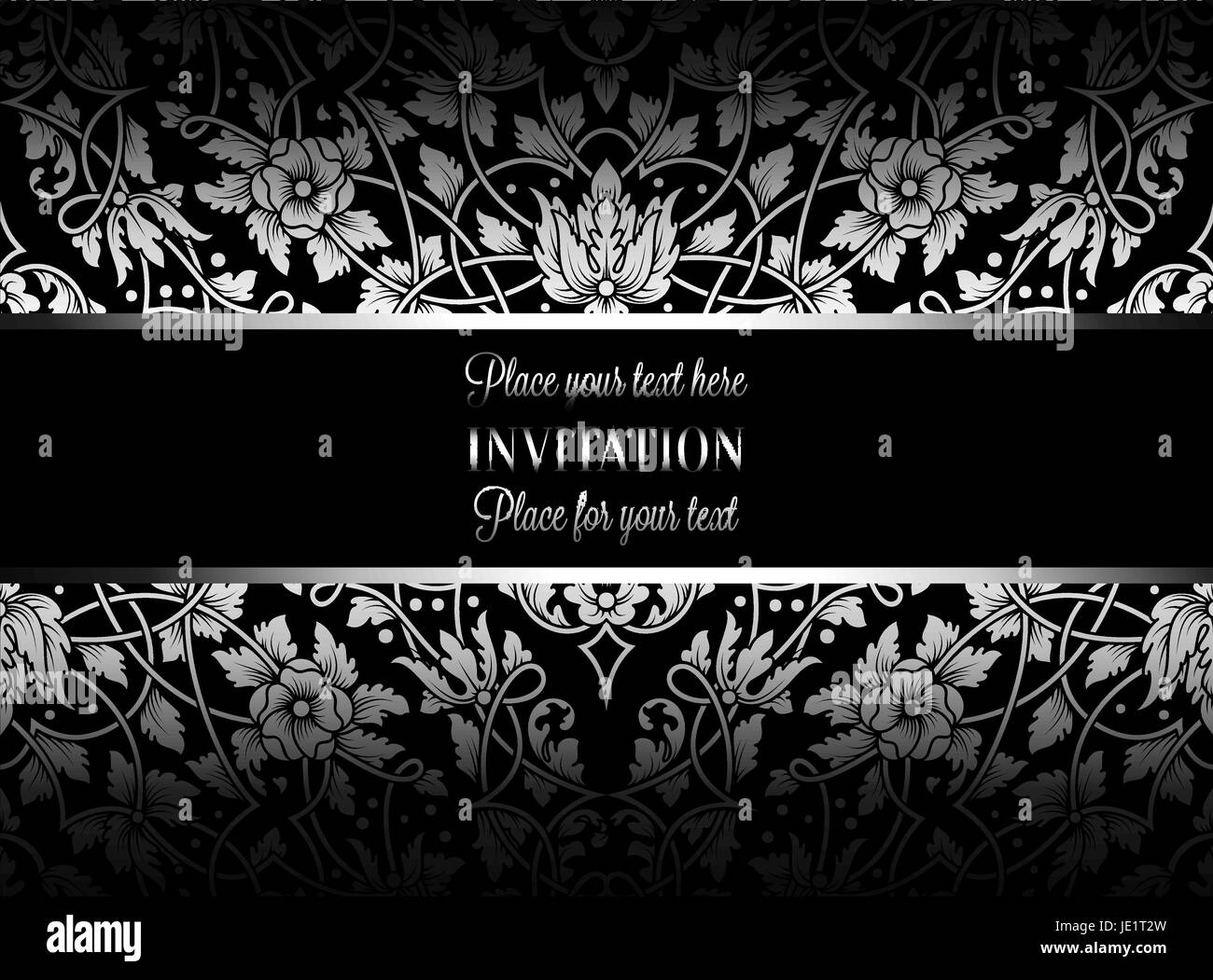 Floral invitation card with antique, luxury black and silver vintage