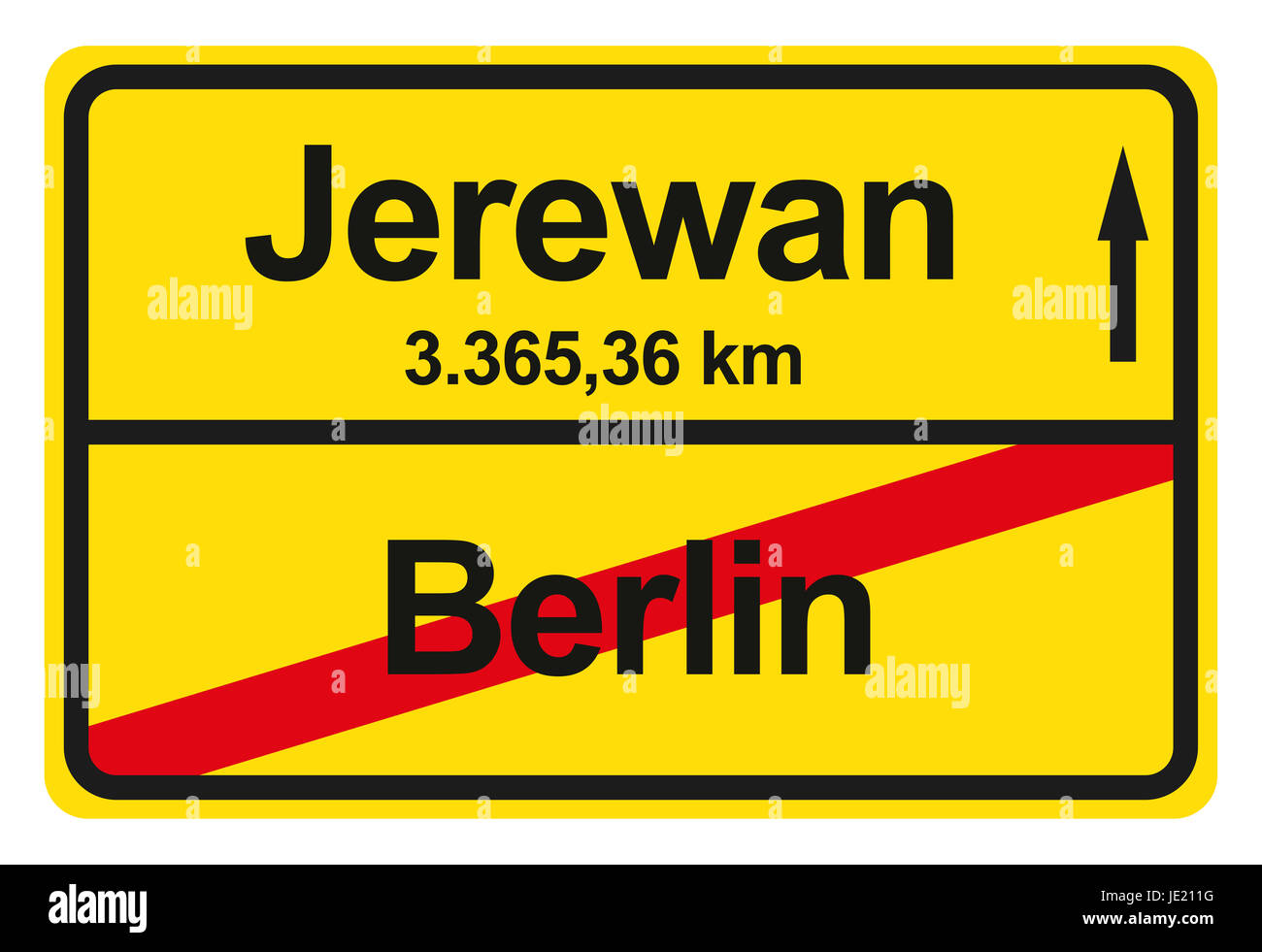 Ein gelbes Ortsausgangschild mit der jeweiligen Entfernung von einem Ort zum anderen. Stock Photo