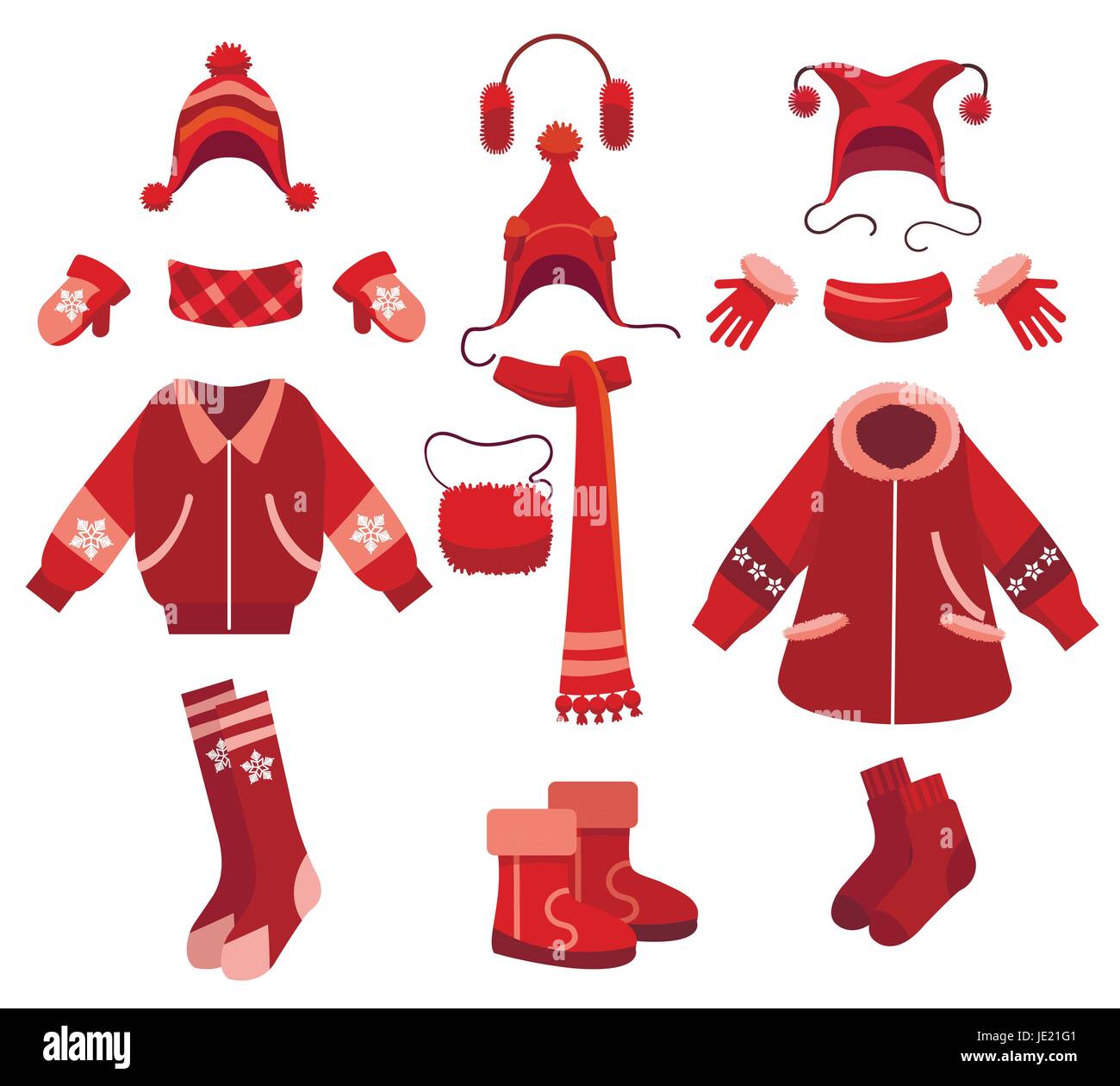 Cartoon woman winter clothes and female cold weather accessories isolated on white. Knitting gloves and scarf, coat and fur boots, vector illustration Stock Vector