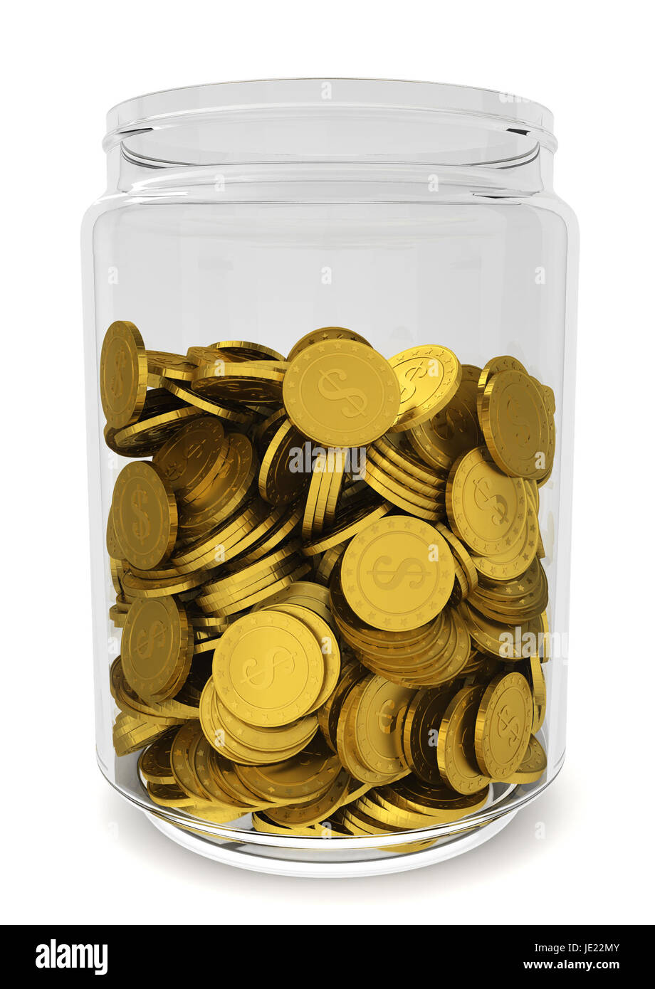 Glass jar with golden coins. Savings concept. 3d illustration on white background Stock Photo