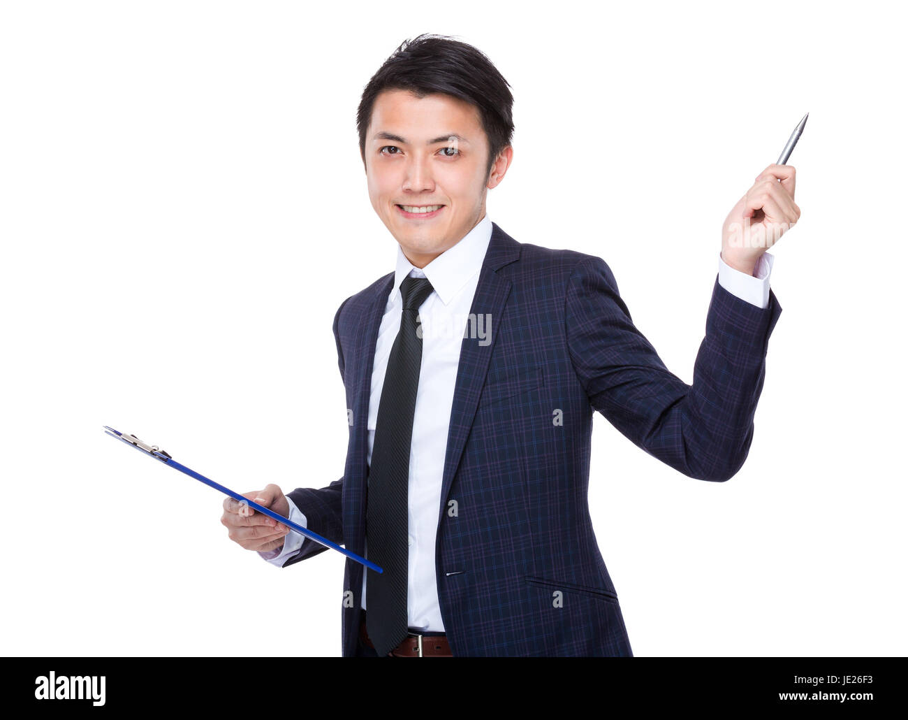 Asian businessman hold clipboard and pen point up Stock Photo - Alamy
