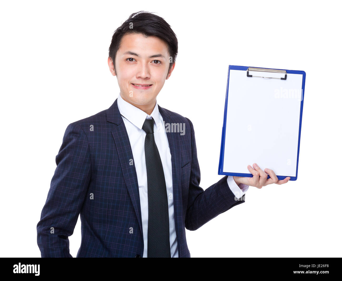 Young businessman show a blank paper of clipboard Stock Photo - Alamy