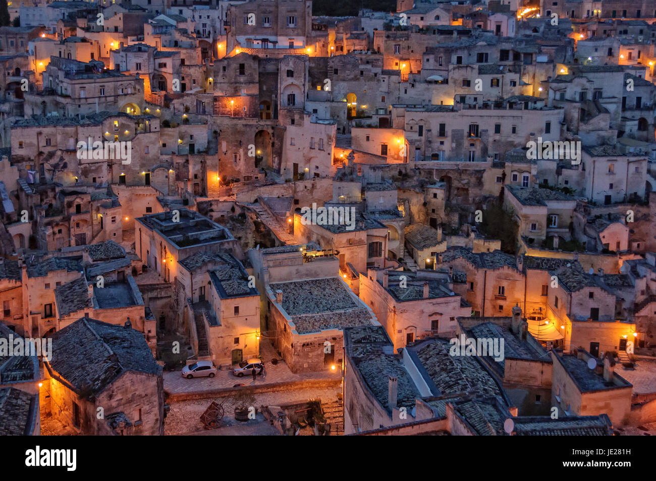 The evening lights of Sasso Barisano -  Matera, Basilicata, Italy Stock Photo