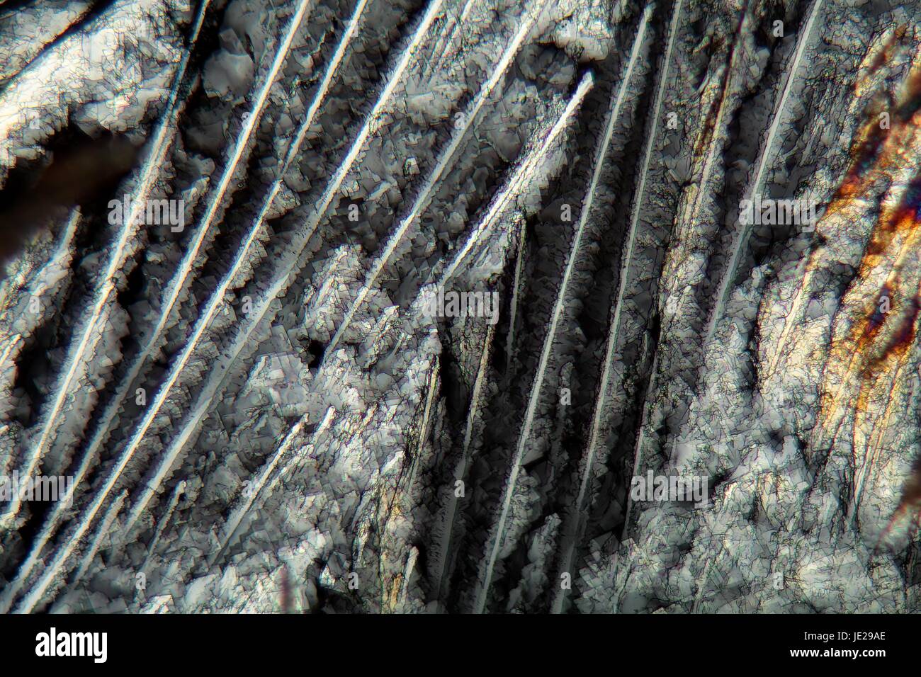 Cholesterinkristalle unter dem Mikroskop und im polarisiertem Licht. Stock Photo
