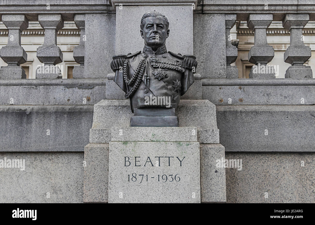 Statue of David Beatty, 1st Earl Beatty. Admiral of the Fleet David Richard Beatty, 1st Earl Beatty GCB, OM, GCVO, DSO, PC was a Royal Navy officer. Stock Photo