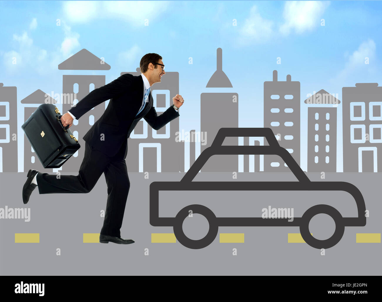 Running businessman against the silhouette city and car Stock Photo - Alamy