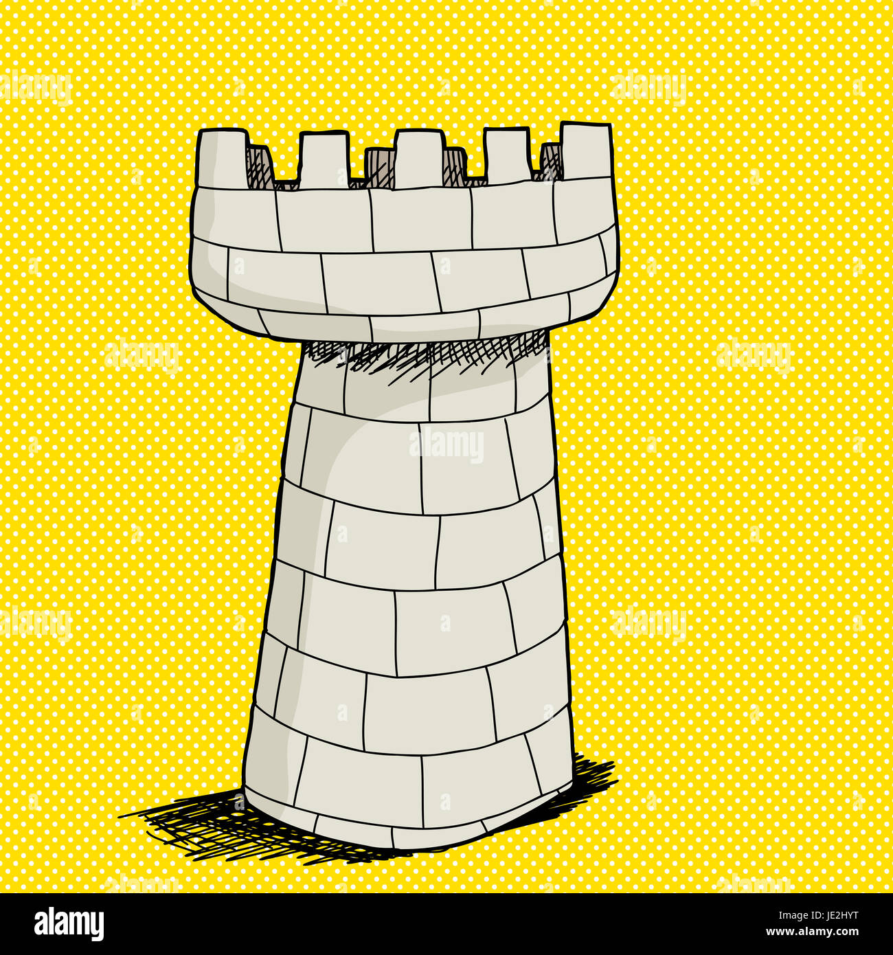 Hand drawn stone castle tower over yellow halftone background Stock Photo