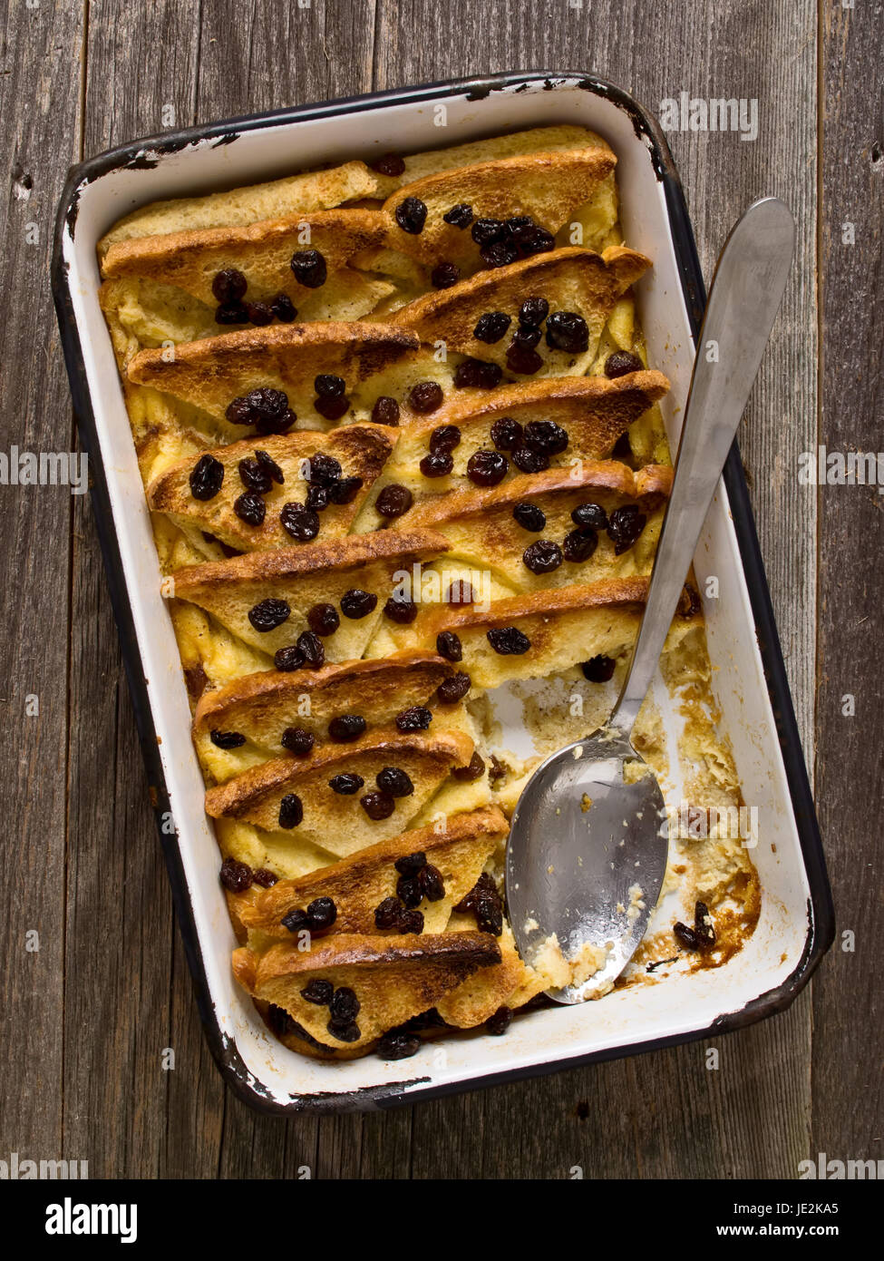 close up of rustic traditional british bread and butter pudding Stock Photo