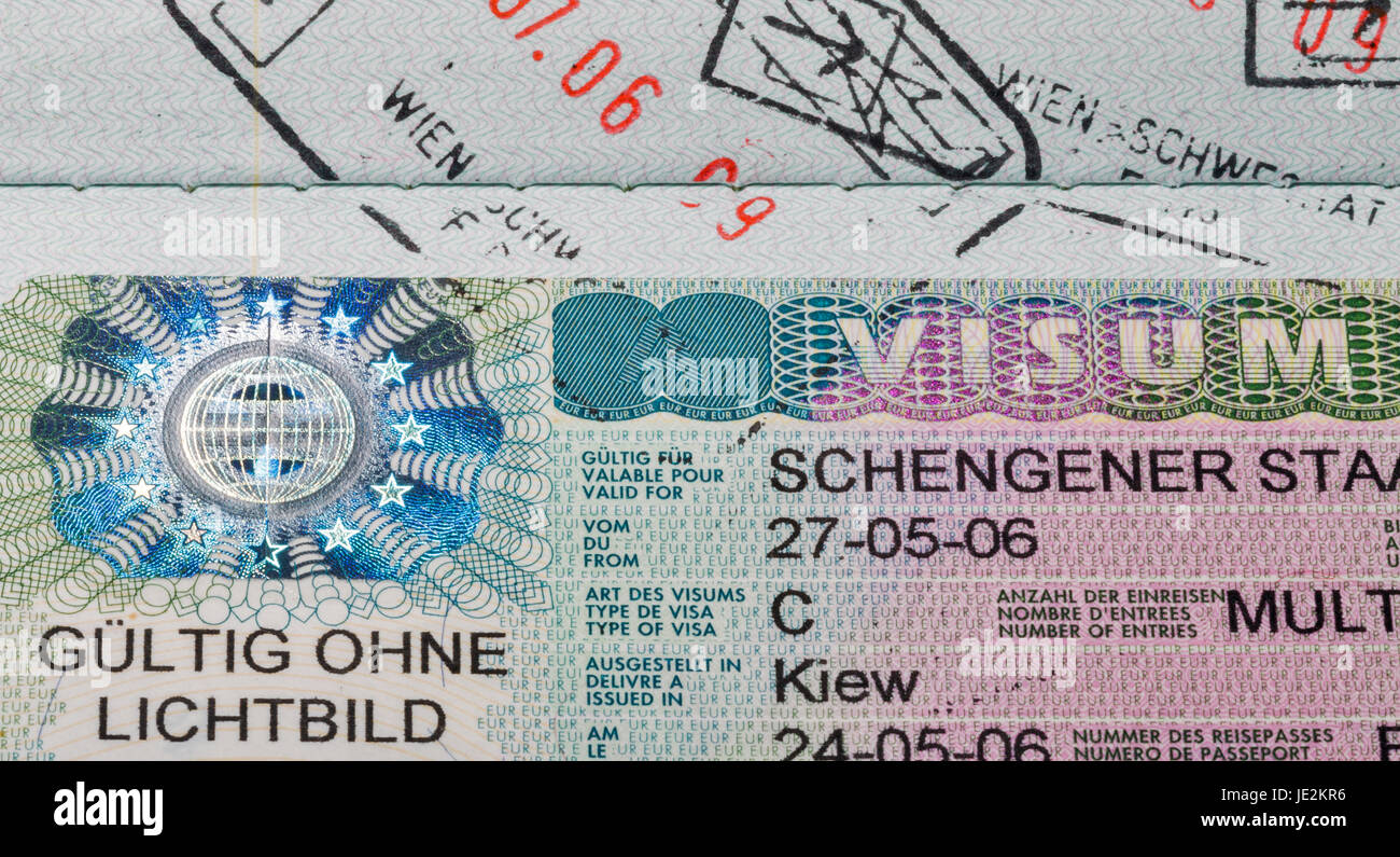 Schengen visa in passport closeup macro, Austria Schengen. With sign Valid  without photograph Stock Photo - Alamy