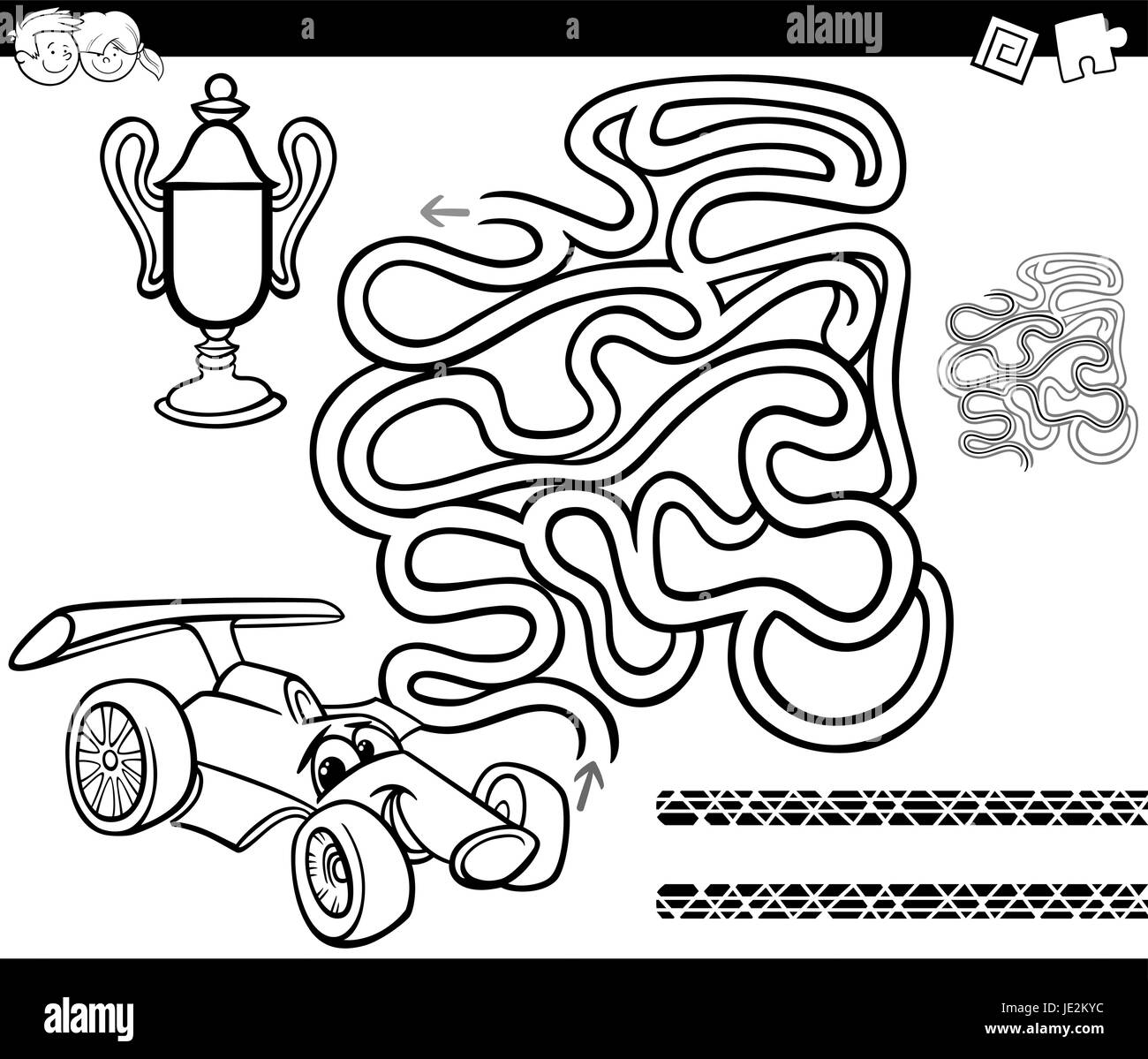 Black and White Cartoon Illustration of Education Maze or Labyrinth Game  for Children with Racing Car and Cup Coloring Page Stock Vector Image & Art  - Alamy