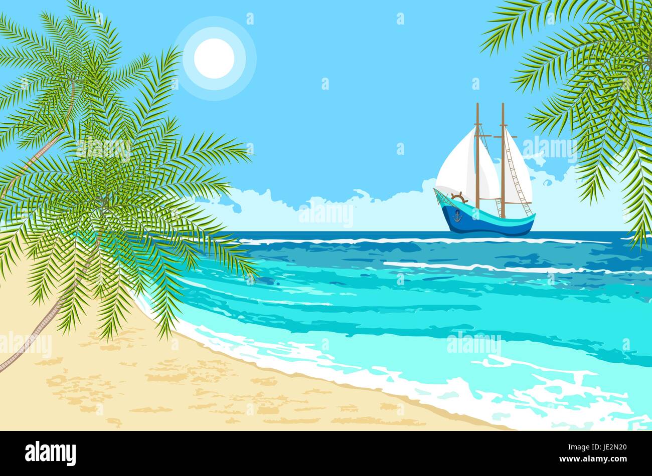 Sea view with cartoon sailboat and palms branches. Seaside background for flyer, banner, greeting card and invitation Stock Vector