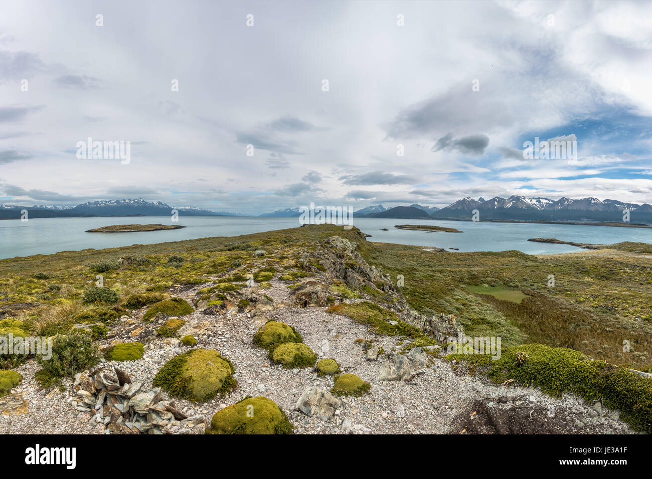 Panoramic view of Island and mountains view in Beagle Channel - Ushuaia, Tierra del Fuego, Argentina Stock Photo
