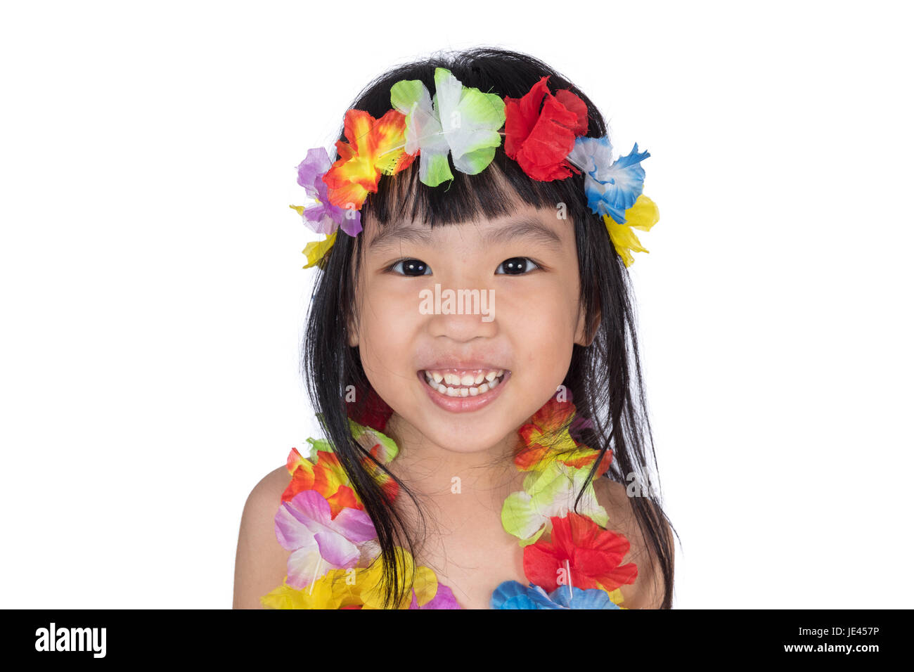 Asian Chinese little girl in hawaiian costume in isolated white