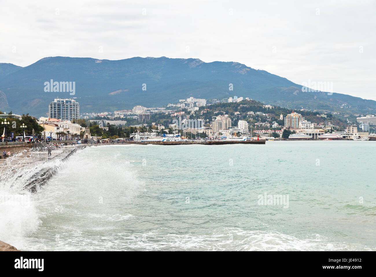 YALTA, RUSSIA SEPTEMBER 27, 2014 waterfront of Yalta city in rainy day. Yalta is resort city
