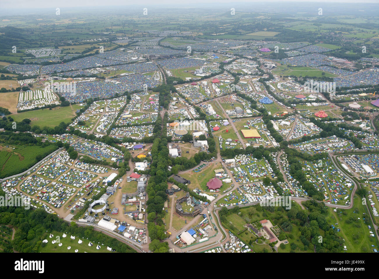 An aerial view of the Glastonbury Festival site at Worthy Farm in