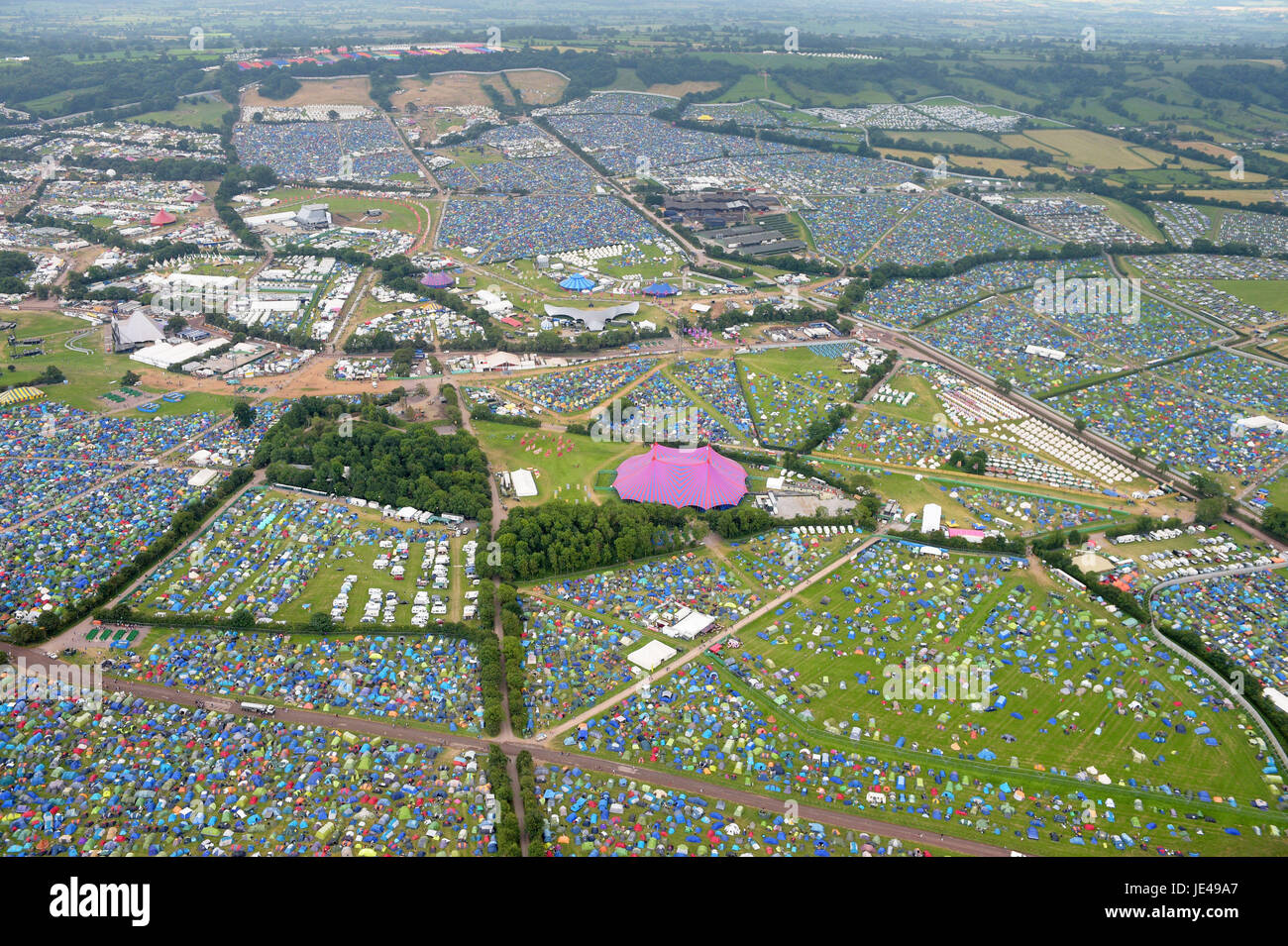 An aerial view of the Glastonbury Festival site at Worthy Farm in