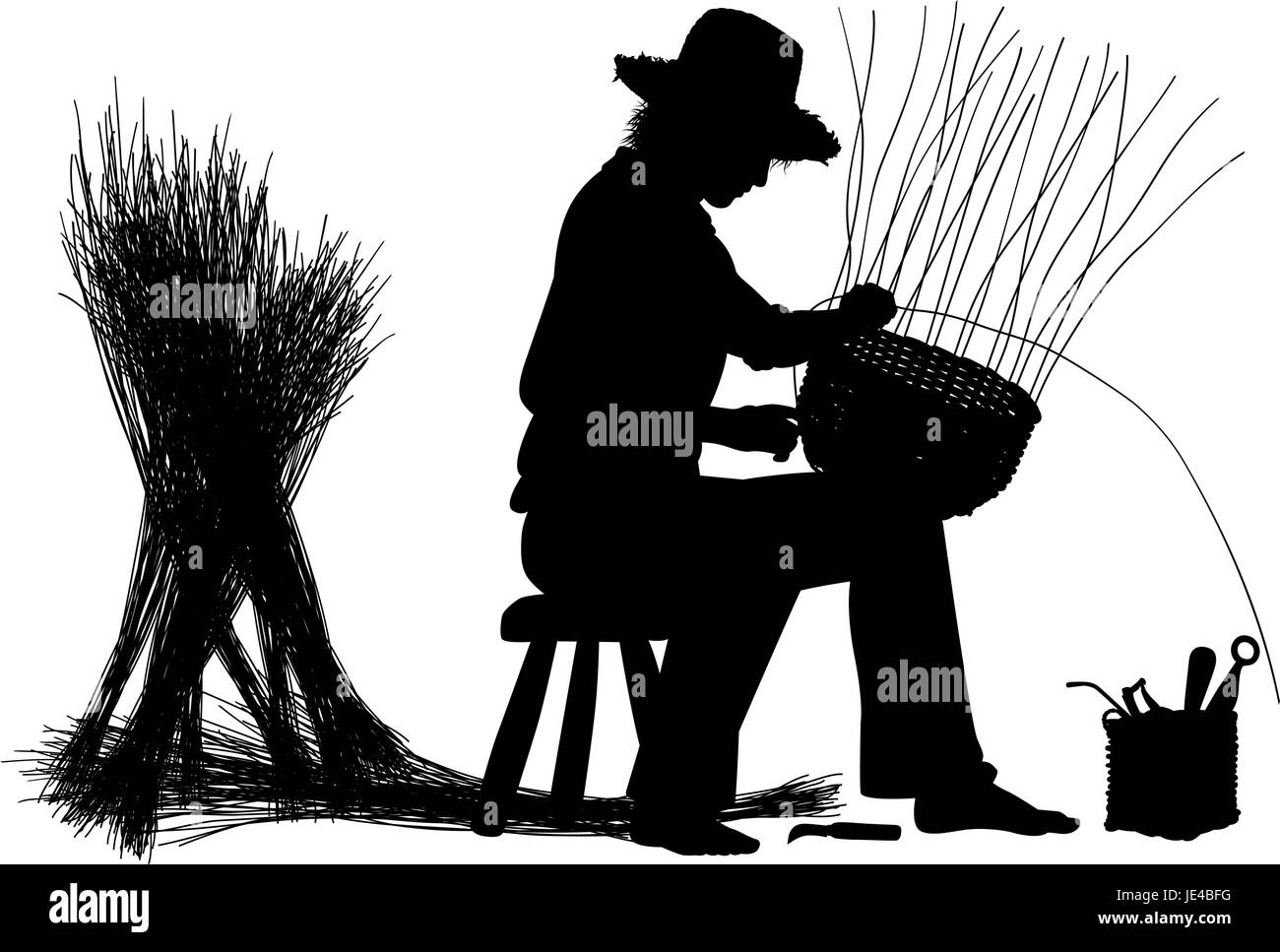 Editable vector silhouette of a craftsman making a basket with elements as separate objects Stock Vector