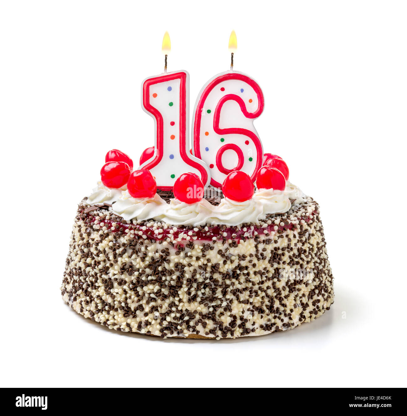 Geburtstagstorte mit brennender Kerze Nummer 16 Stock Photo