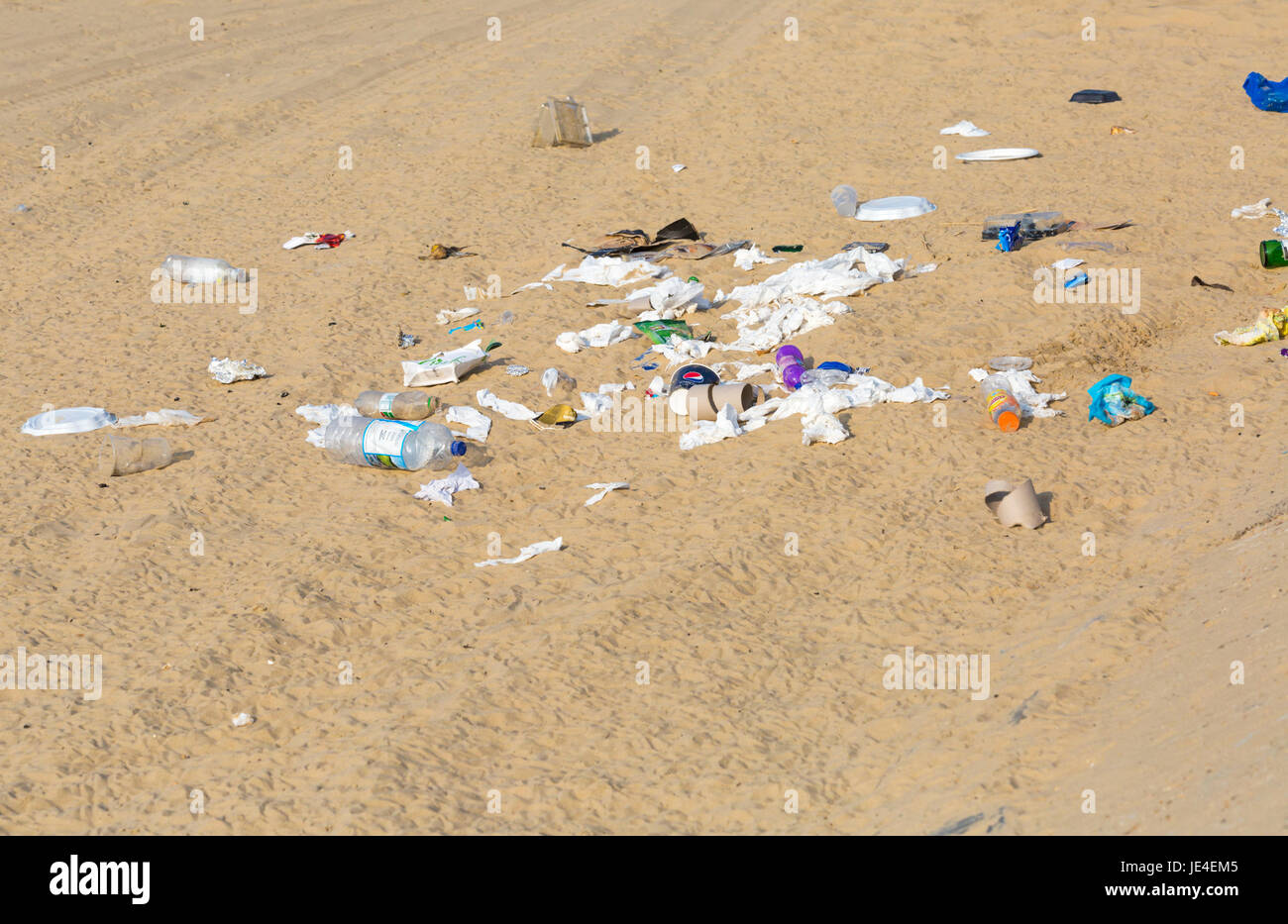 Litter rubbish left behind on the beach at Bournemouth beach