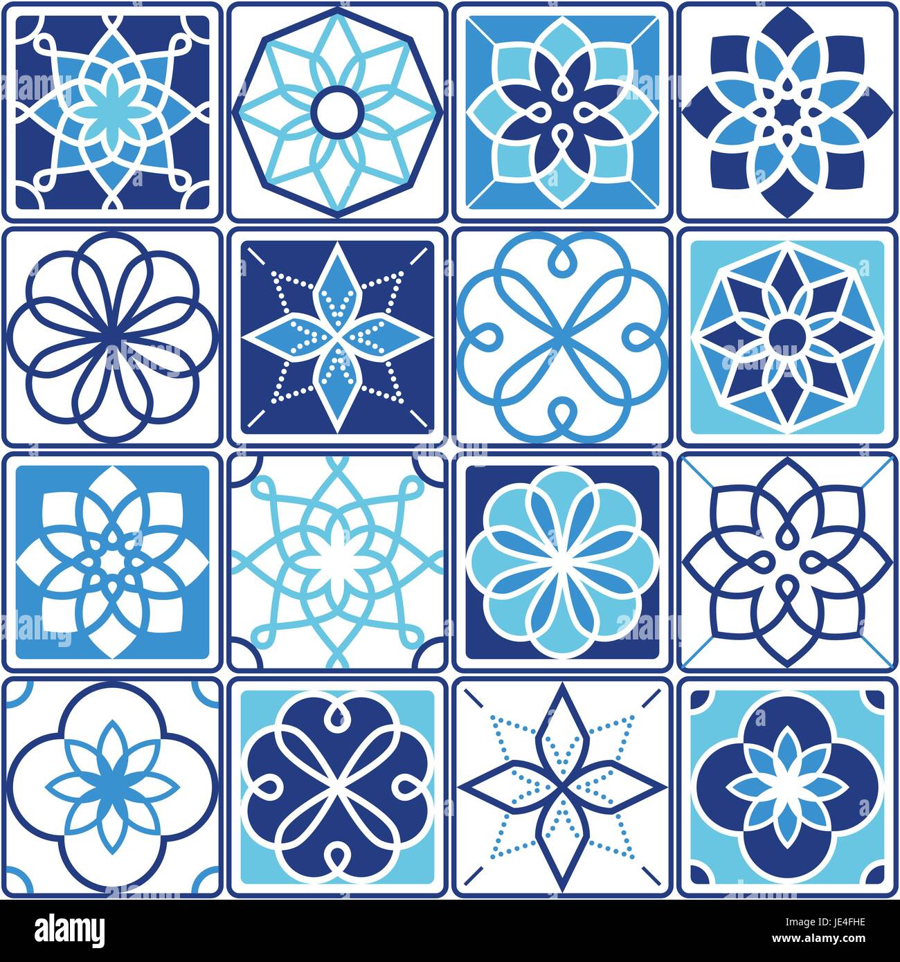 Portuguese Azulejo tiles design, seamless geometric patterns collection in navy blue and turquoise Stock Vector