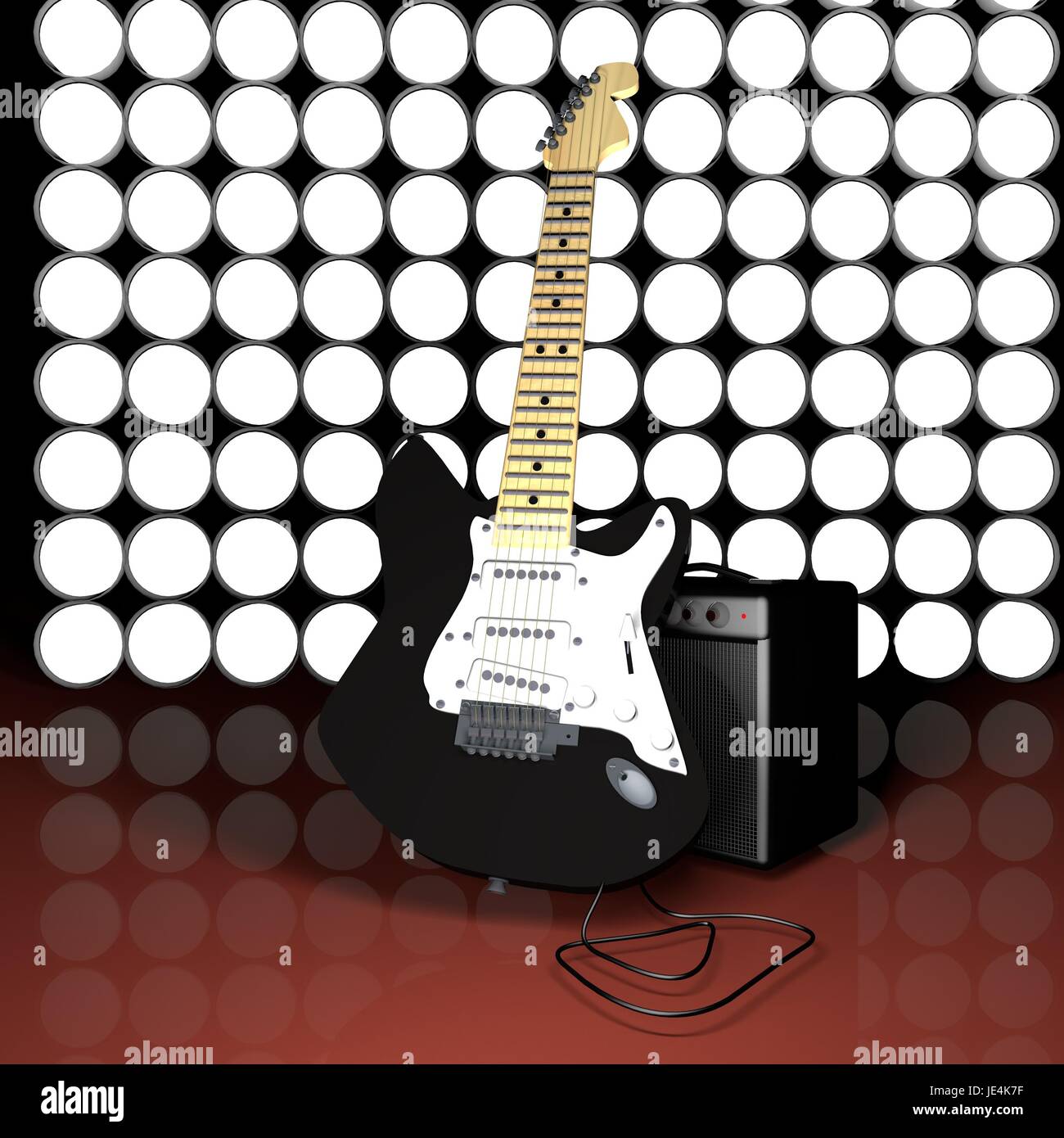 Electric guitar leaning against an amp, with circular lights on the back,  3d render Stock Photo - Alamy