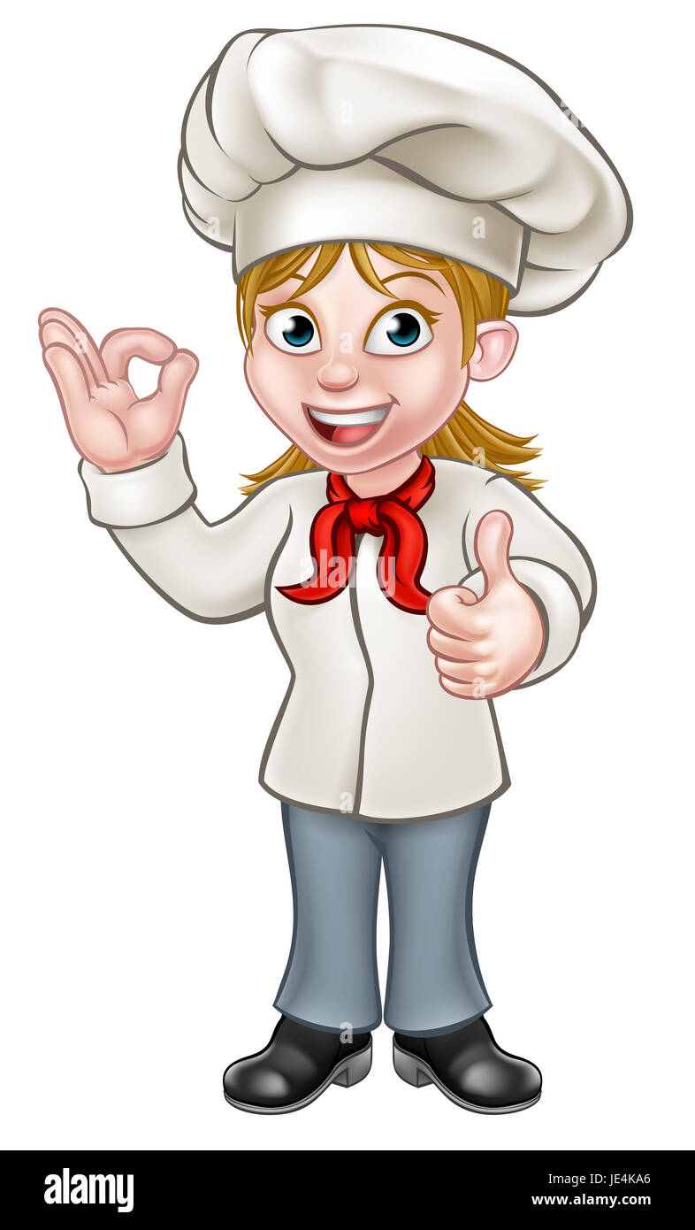 Cartoon woman chef or baker character giving a perfect okay delicious cook gesture and a thumbs up Stock Photo