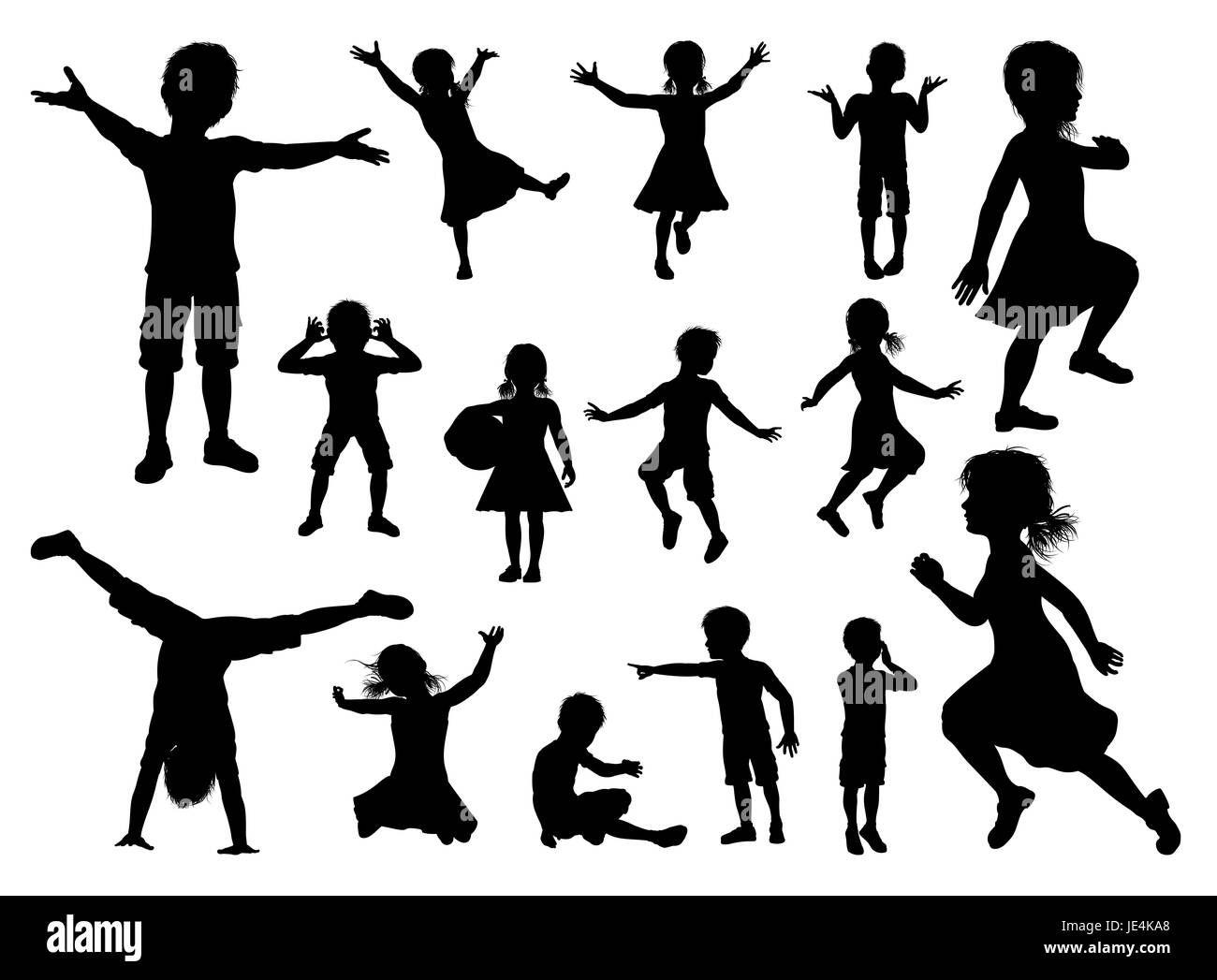 Silhouette of boys and girls kids children having fun Stock Photo