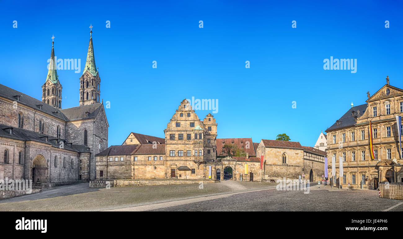 Bamberg, Germany. Panorama of Domplatz square with Bamberg Cathedral, Old court yard and State Library Stock Photo