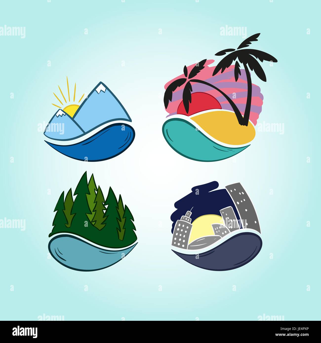 Hand drawn travel icons. Mountains, tropics, forest, city. Stock Vector
