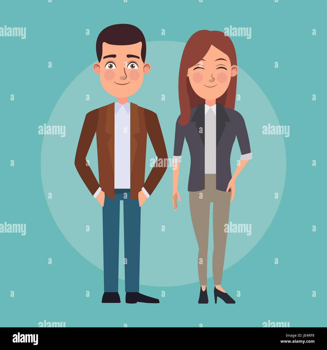 color background full body set pair of woman wink eyes and man with formal suit characters for business Stock Vector