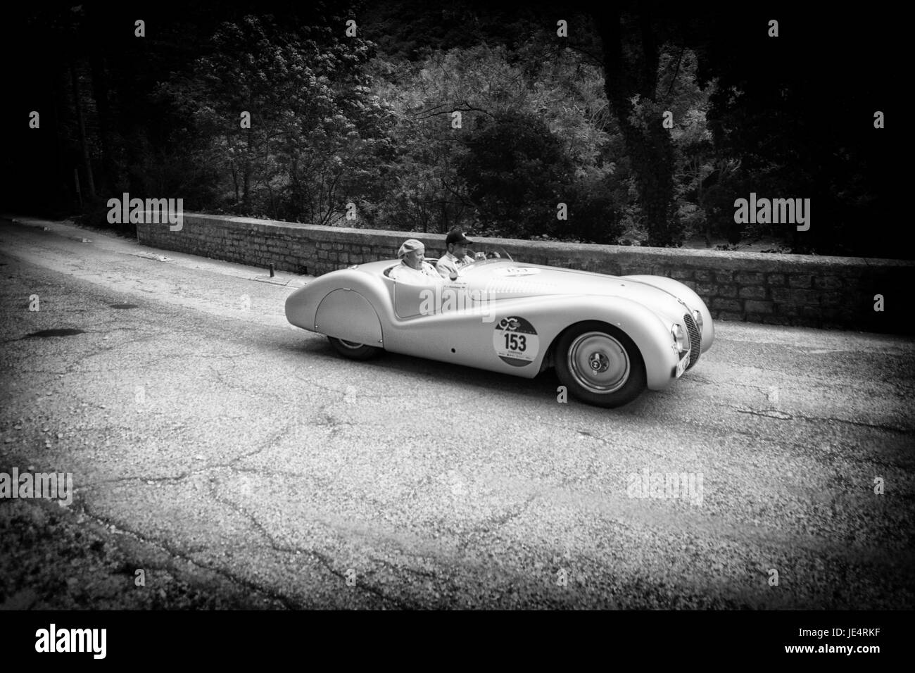 GOLA DEL FURLO, ITALY - MAY 19, 2017: BMW 328 SPIDER MILLE MIGLIA 1939 on an old racing car in rally Mille Miglia 2017 the famous italian historical r Stock Photo