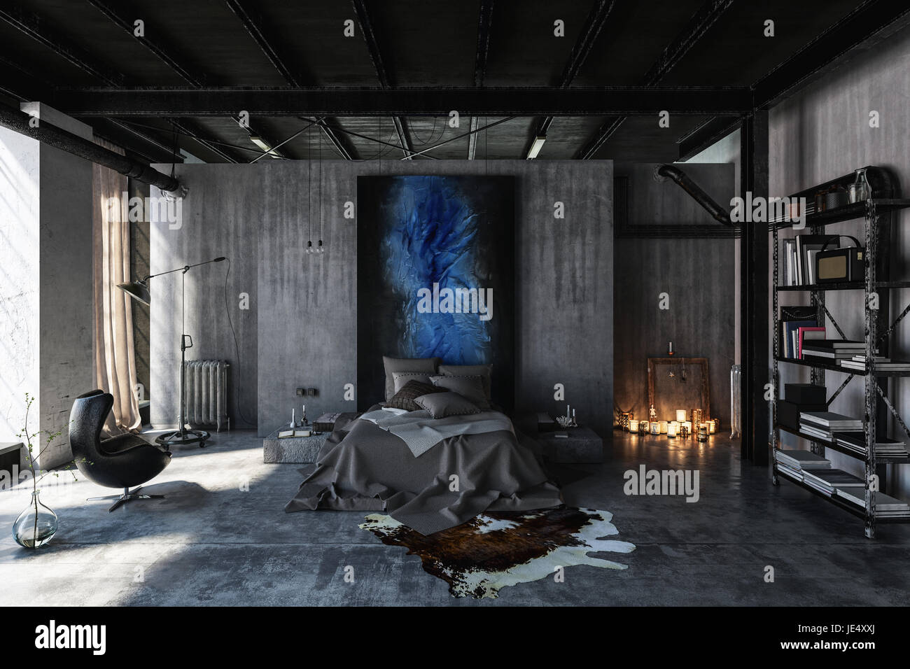 Bedroom In Modern Black And Grey Interior Design In Loft