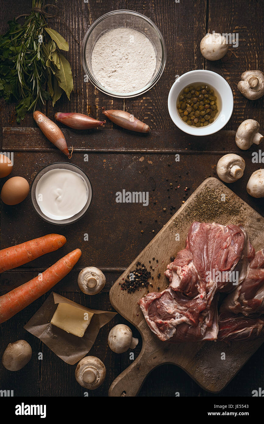 Ingredients for blanquette on the wooden table copy spase vertical Stock Photo