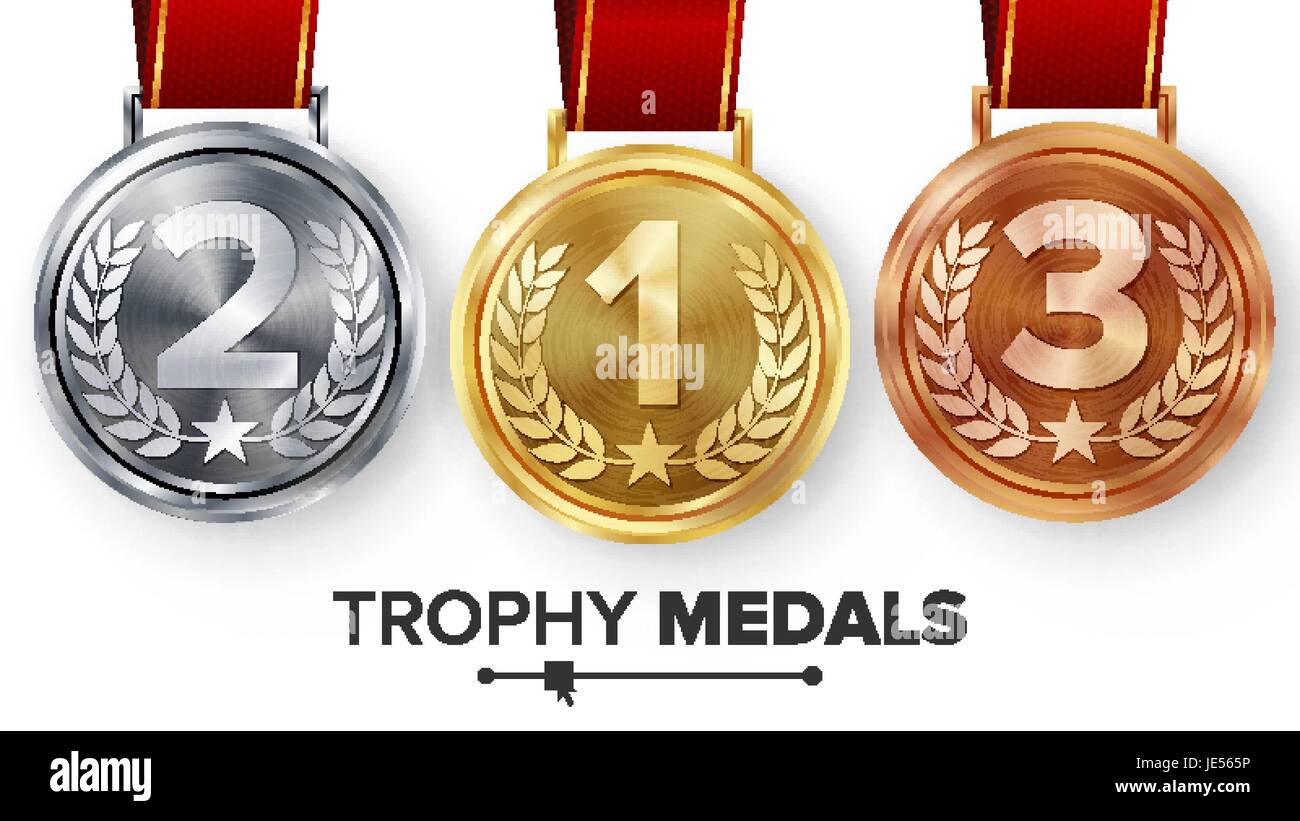 Champion Medals Set Vector. Metal Realistic First, Second Third Placement Achievement. Round Medals With Red Ribbon, Relief Detail Of Laurel Wreath, S Stock Vector