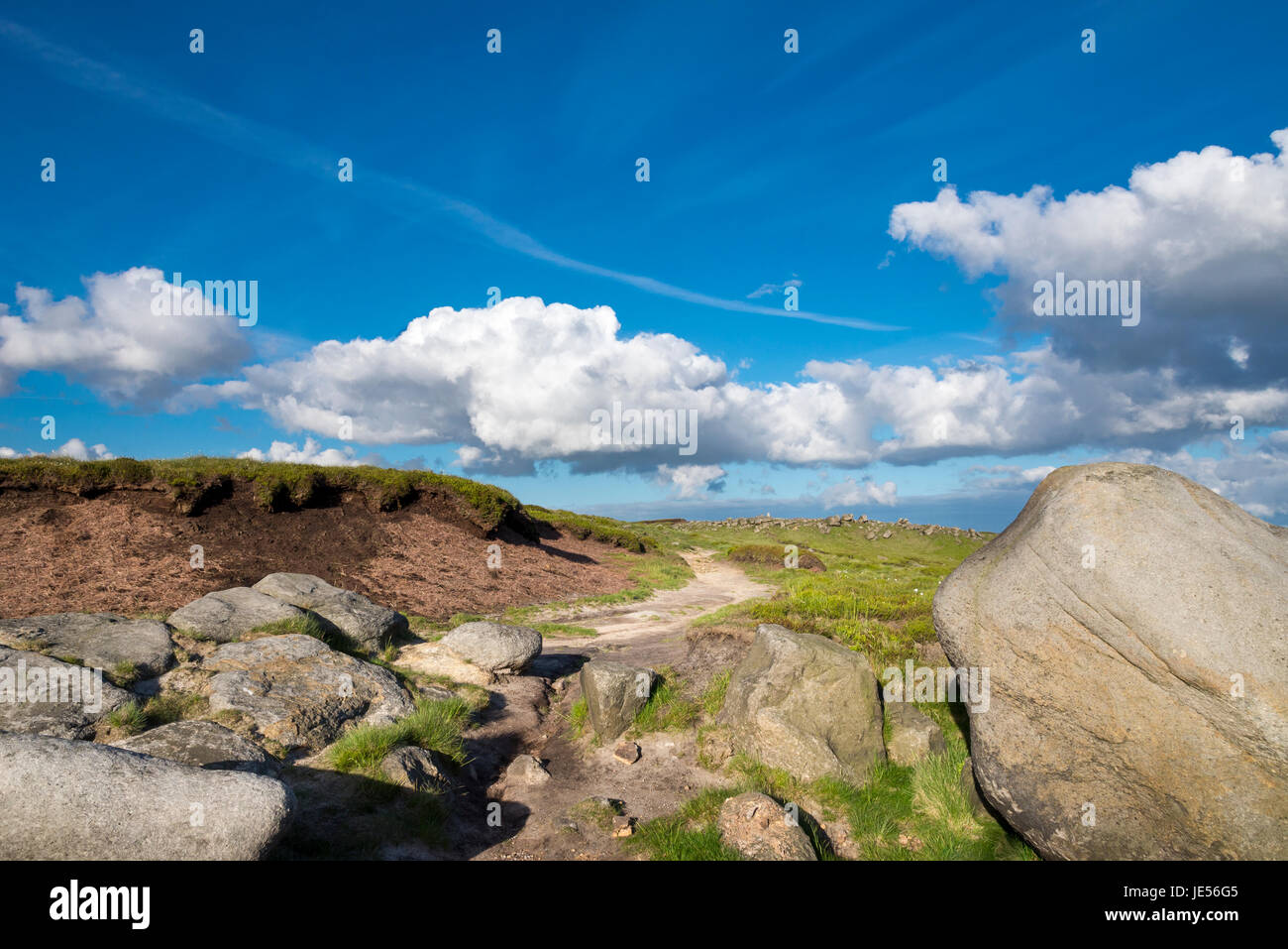 Rocky path to Shelf Stones, Bleaklow, Derbyshire, England. A moorland landscape above Glossop in the High Peak. Stock Photo