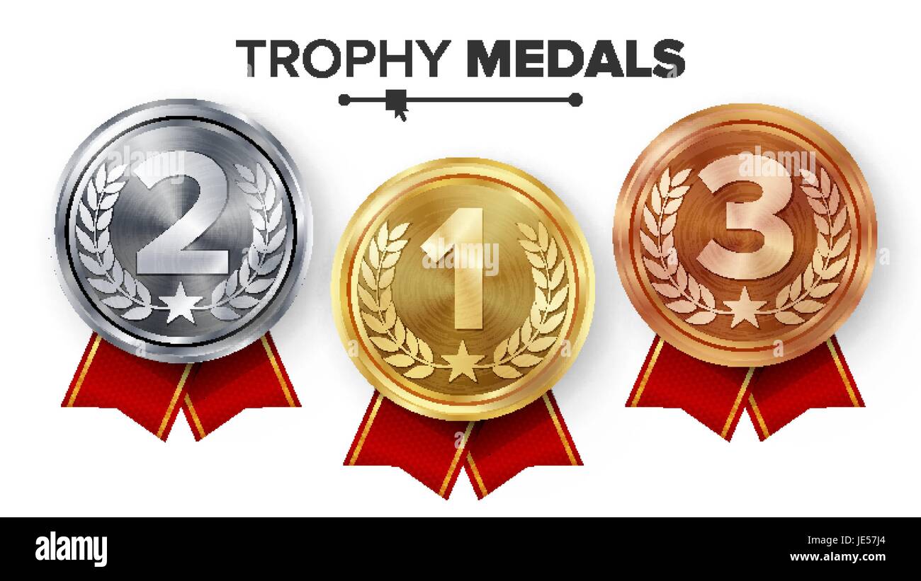 Gold, Silver, Bronze Medals Set Vector. Metal Realistic Badge With