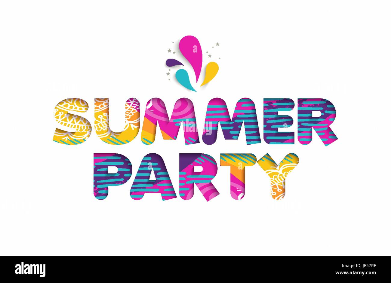 Summer party multicolor quote, typography design in 3d paper cut style. Fun holiday event modern text illustration. EPS10 vector. Stock Vector