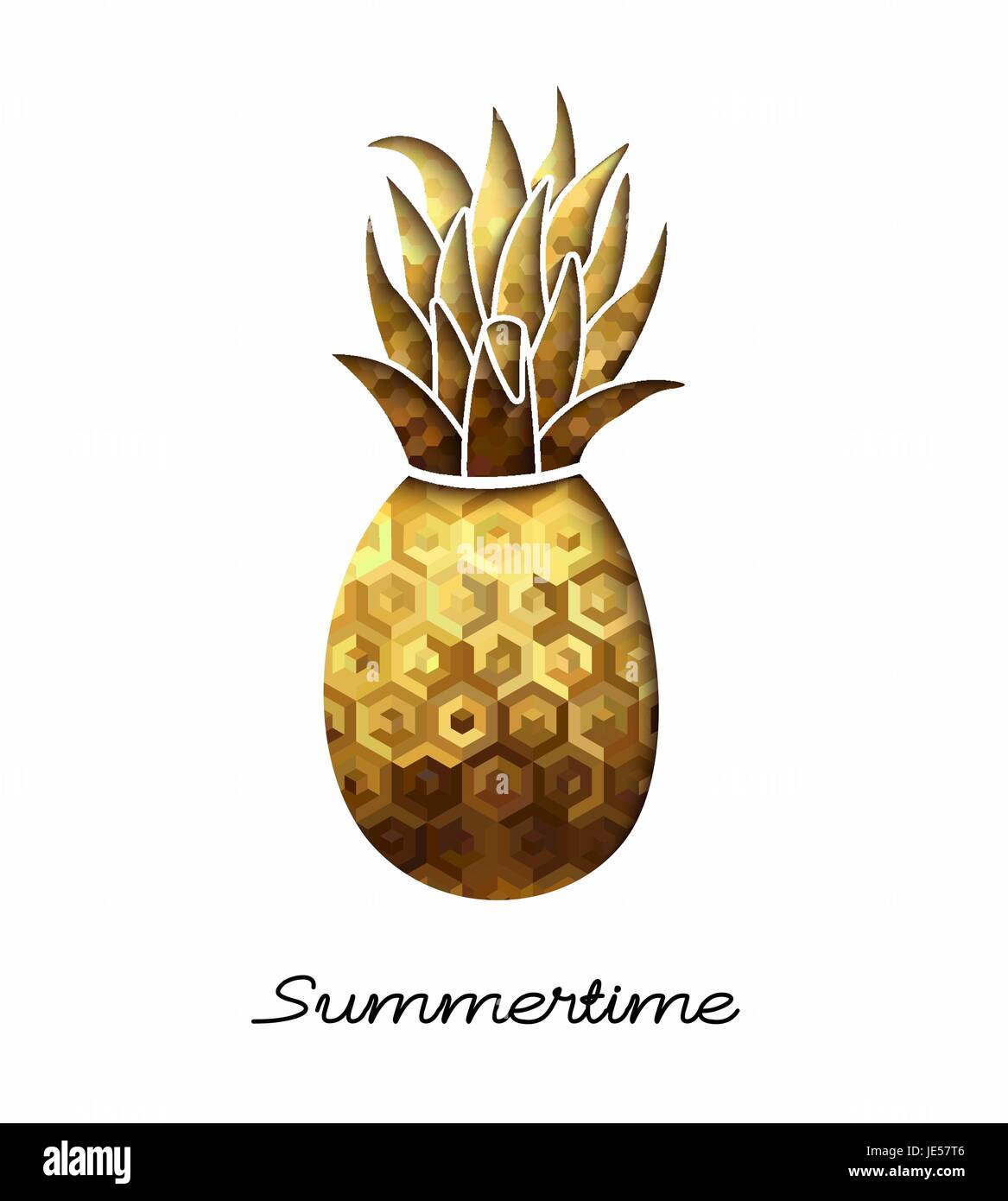 Summer time season tropical design, gold pineapple illustration in paper cut style with luxury texture. EPS10 vector. Stock Vector