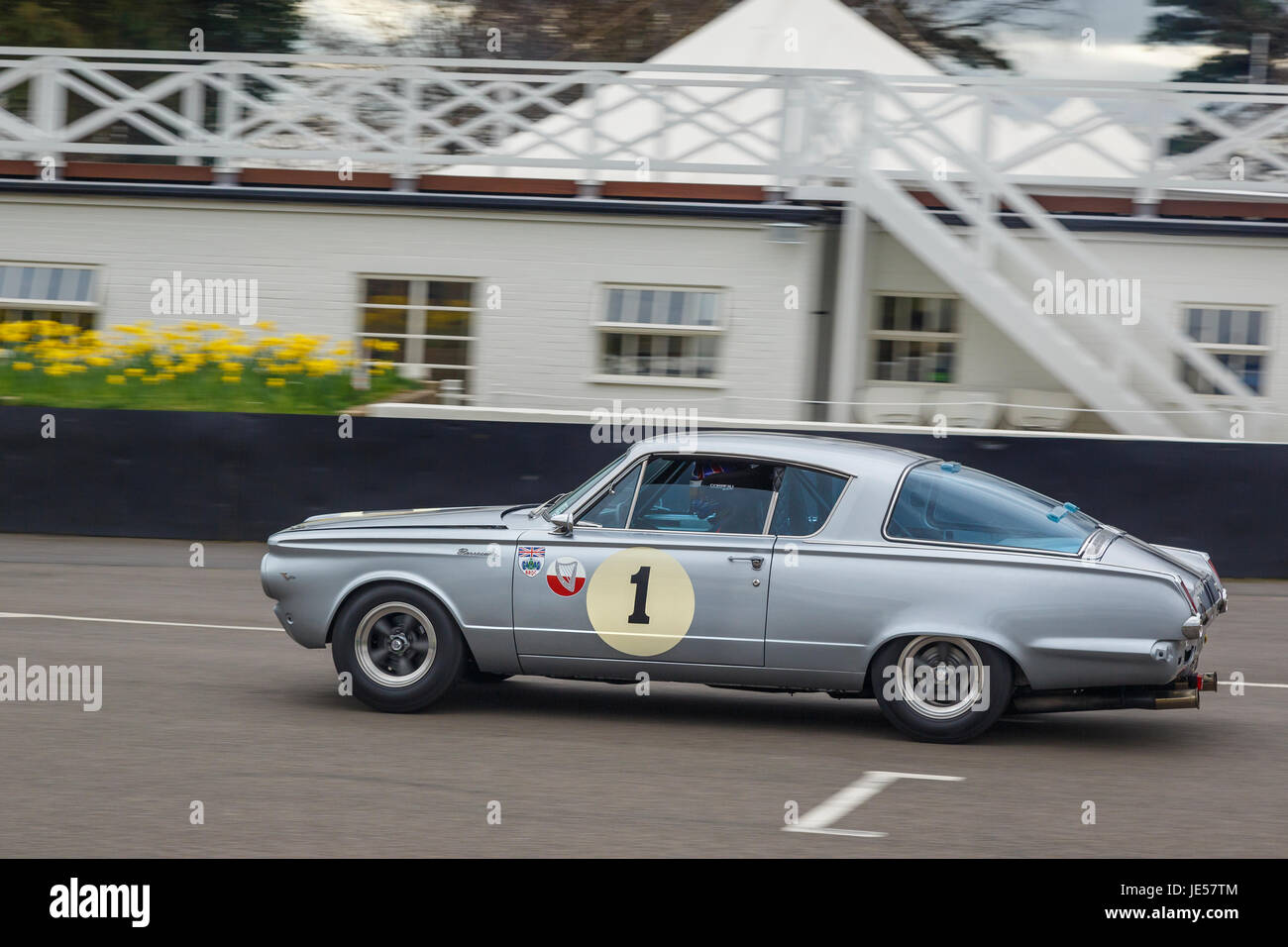 1965 Plymouth Barracuda with driver Oliver Bryant during the Pierpoint Cup race at Goodwood GRRC 75th Members Meeting, Sussex, UK. Stock Photo